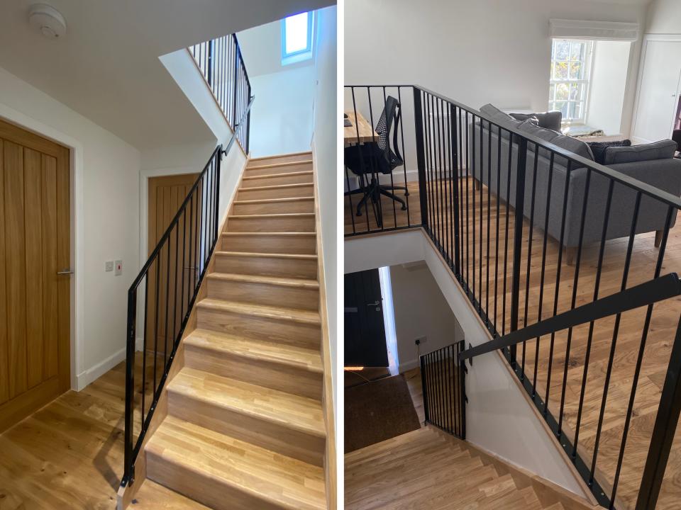 A collage of two photos showing the completed staircase.