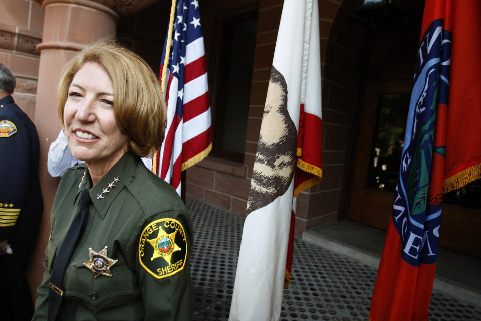 Orange County Sheriff&nbsp;Sandra Hutchens at her swearing-in on June 24, 2008, in Santa&nbsp;Ana, California. Her department has been embroiled in a scandal involving the illegal use of jailhouse informants and the recording of inmates&rsquo;&nbsp;phone calls. (Photo: Wally Skalij / Getty Images)