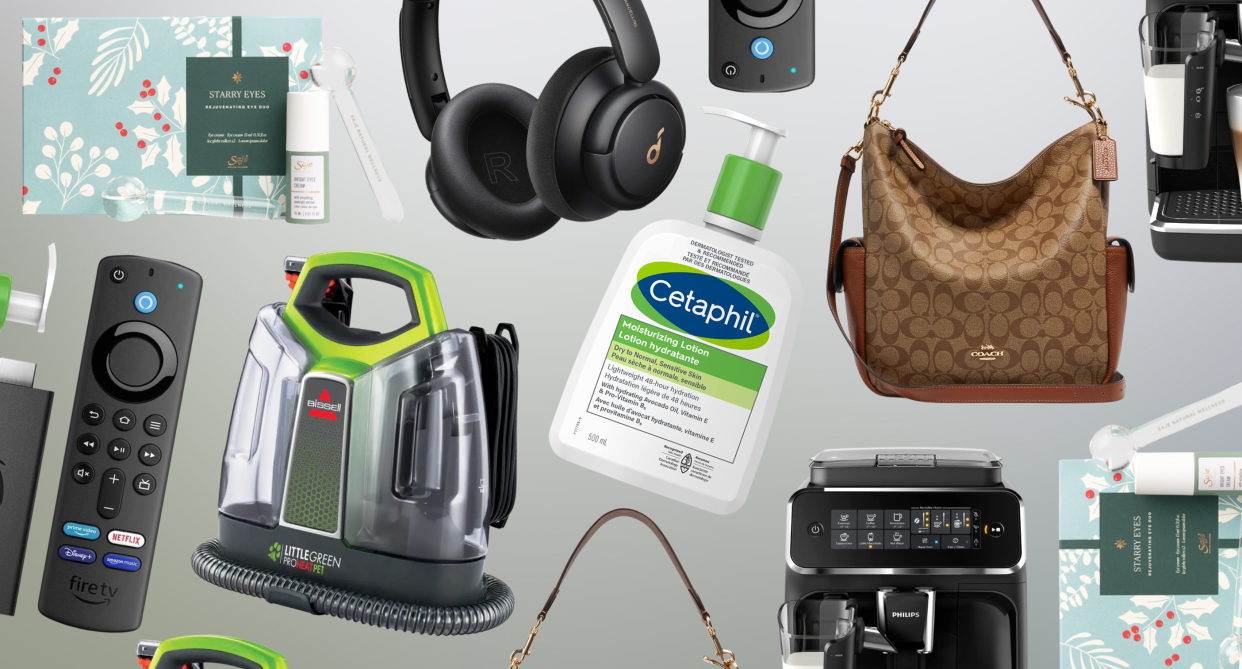 collage of boxing day sales with cetaphil lotion, coach bag, espresso machine, saje skincare, bissell vacuum, amazon fire tv stick, headphones