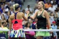 Sep 4, 2016; New York, NY, USA; Angelique Kerber of Germany (L) shakes hands with Petra Kvitova of the Czech Republic (R) after their match on day seven of the 2016 U.S. Open tennis tournament at USTA Billie Jean King National Tennis Center. Kerber won 6-3, 7-5. Mandatory Credit: Geoff Burke-USA TODAY Sports