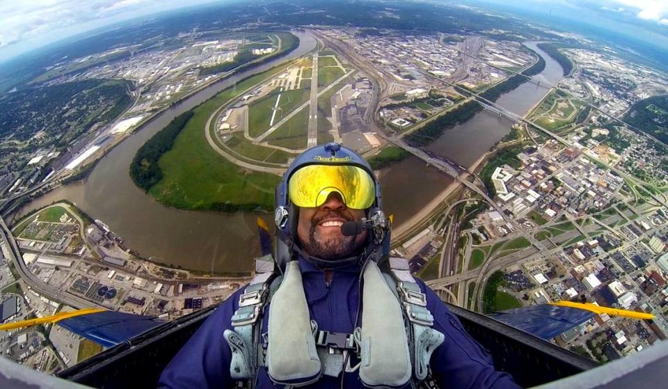 Former Kansas City police chief Daryl Forte was pinned to the back of his seat as the Blue Angels F/A-18 Hornet jet he was riding in made a steep climb after taking off from Wheeler Downtown Airport, top center, in 2015. The River Market area and a portion of the downtown loop can be seen in the lower right of the photo.