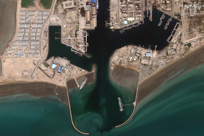 Iran's refurbished mockup aircraft carrier is seen at its home port of Bandar Abbas