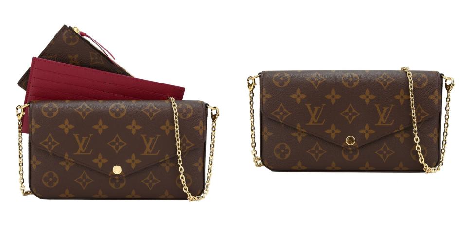 LV折扣推薦必買��Louis Vuitton Pochette Felicie M61276 經典帆布鍊帶斜背包(桃紅色)。圖片來源：Yahoo奇摩購物中心