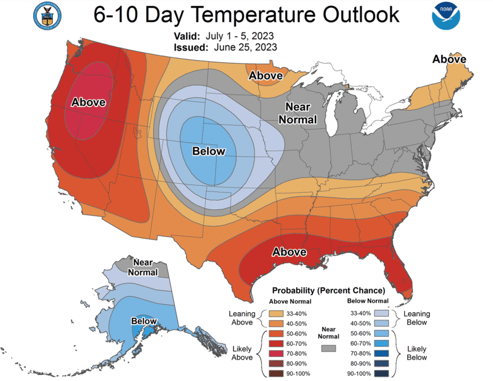 National Weather Service Climate Prediction Center’s temperature outlook for Saturday, July 1 to Wednesday, July 5.