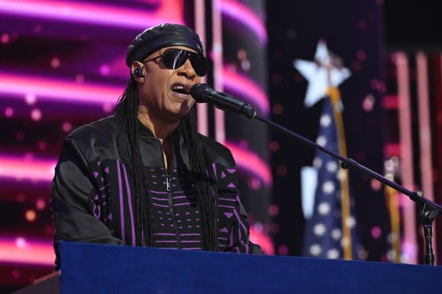 Stevie Wonder performs at the Democratic National Convention - Credit: Saul Loeb/AFP via Getty Images