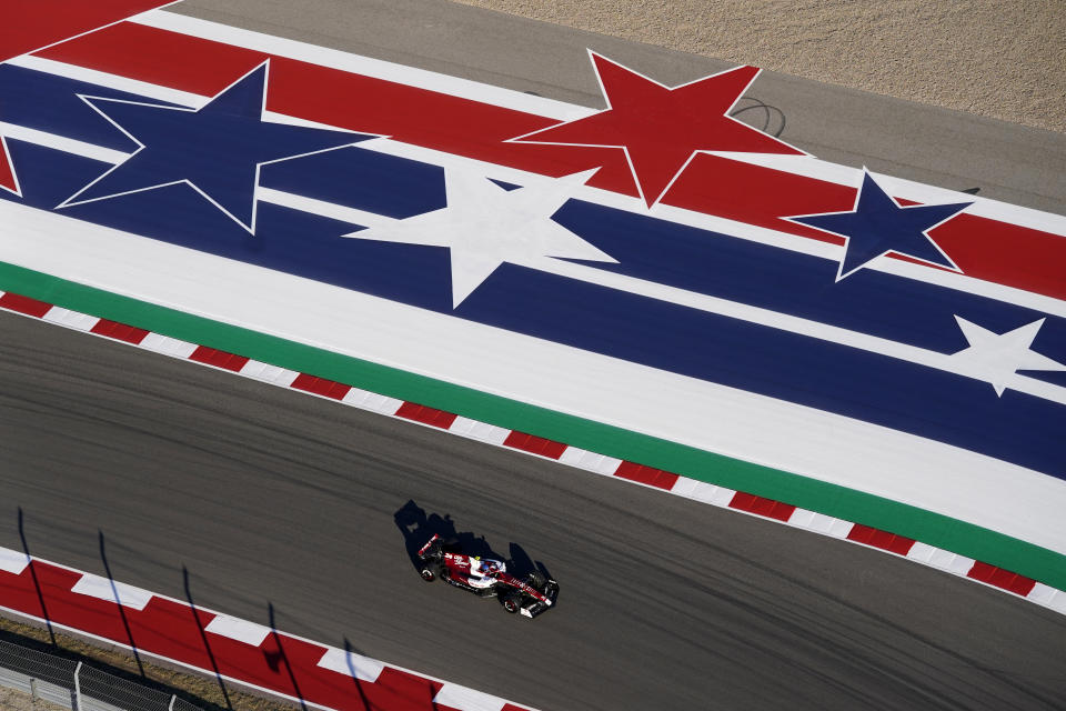 Alfa Romeo driver Guanyu Zhou, of China, drives during a practice session for the Formula One U.S. Grand Prix auto race at Circuit of the Americas, Friday, Oct. 21, 2022, in Austin, Texas. (AP Photo/Charlie Neibergall)