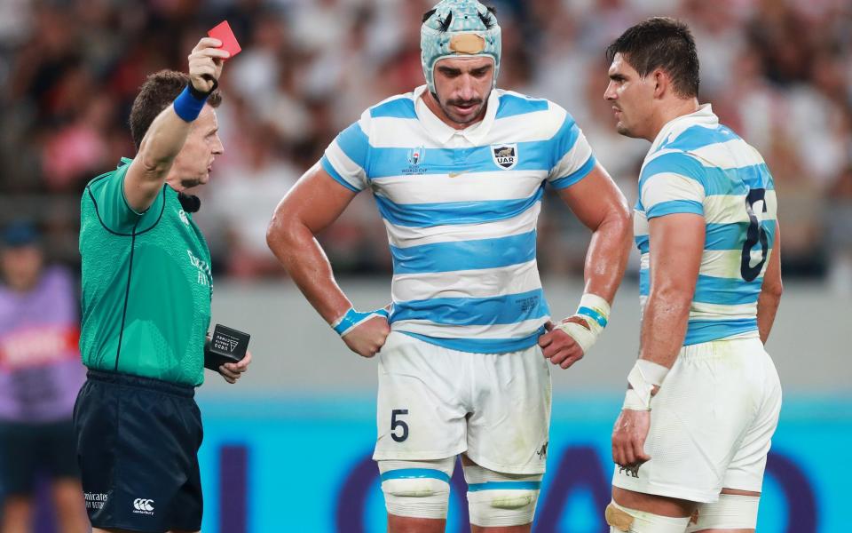 Argentina’s Tomas Lavanini shown red by Nigel Owens at the Rugby World Cup in 2019 - david rogers/getty images