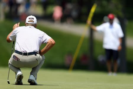 Jun 4, 2017; Dublin, OH, USA; Steve Stricker lines up his putt on the eighth green during the final round of The Memorial Tournament golf tournament at Muirfield Village Golf Club. Mandatory Credit: Aaron Doster-USA TODAY Sports