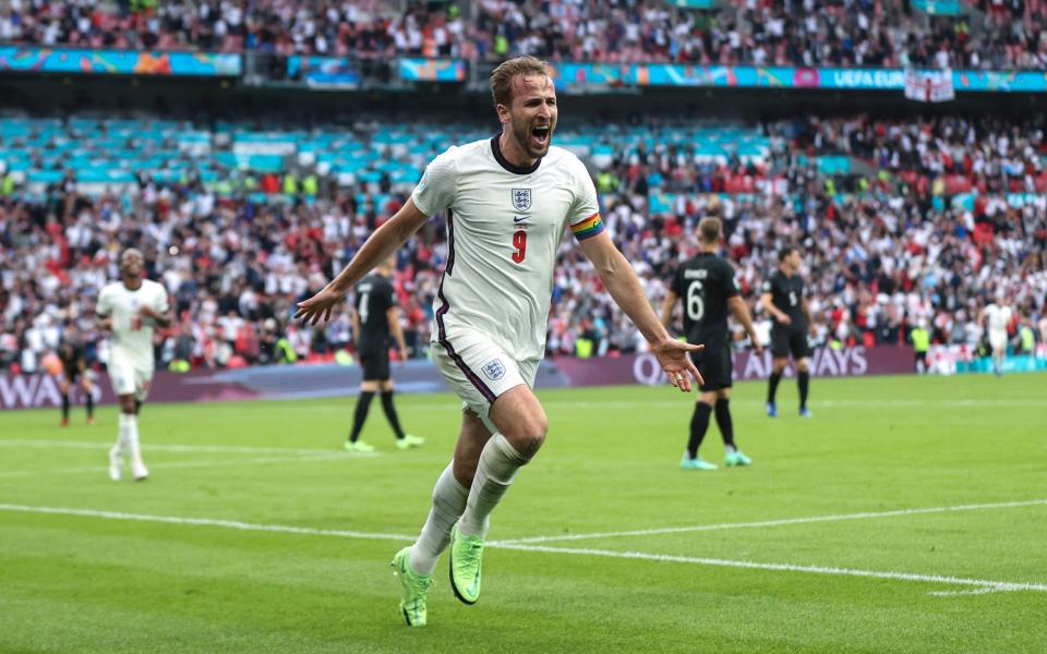 Harry Kane of England celebrates after scoring his team's second goal during the Euro 2020 Championship Round of 16 match between England and Germany at Wembley Stadium on June 29, 2021 - Eddie Keogh/The FA via Getty Images
