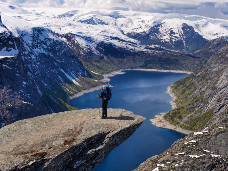 man hiker mountains lake outdoors