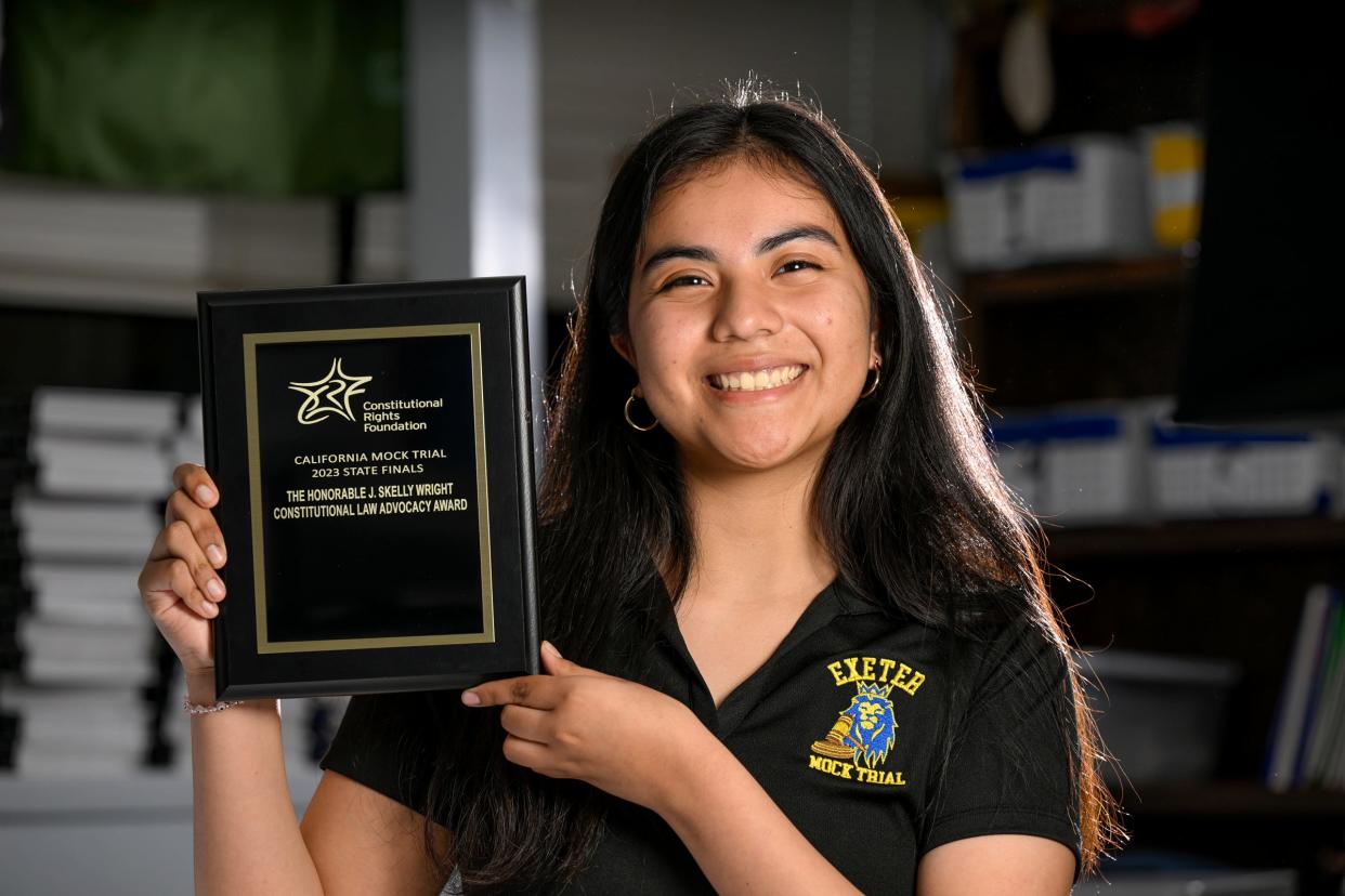 Gaby Rodriguez, 16 and a senior at Exeter High School, was awarded The Honorable J. Skelly Wright Constitutional Law Advocacy Award for her role as pre-trial defense attorney in Exeter's Mock Trial team at the 2023 State Finals in mid-March. She received her acceptance to attend UCLA on the same day.