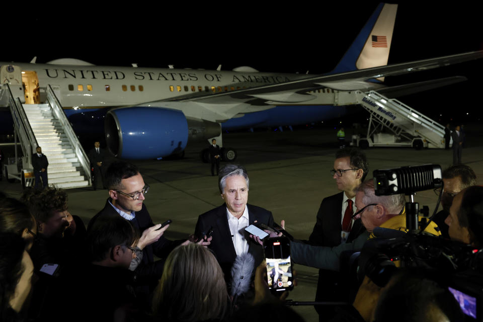 U.S. Secretary of State Antony Blinken speaks to the press before take off as he departs Crete for Amman, the next stop on his week-long trip aimed at calming tensions across the Middle East, in Crete, Greece, Saturday, Jan. 6, 2024. (Evelyn Hockstein/Pool Photo via AP)