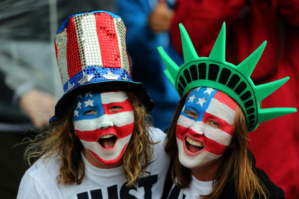 USA fans cheer during the Women's Football first round Group G match between United States and Colombia on Day 1 of the London 2012 Olympic Games at Hampden Park on July 28, 2012 in Glasgow, Scotland. (Getty Images)