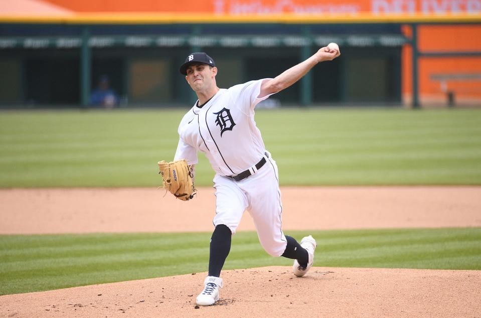 Detroit Tigers starting pitcher Matthew Boyd (48) pitches the ball during the first inning April 24, 2021, against the Kansas City Royals at Comerica Park.