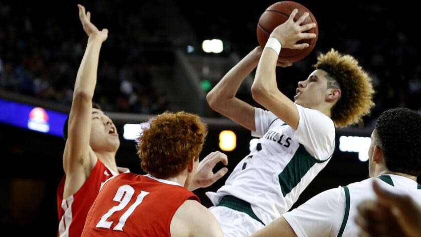 LaMelo Ball pulls up for a shot during his high school days at Chino Hills.