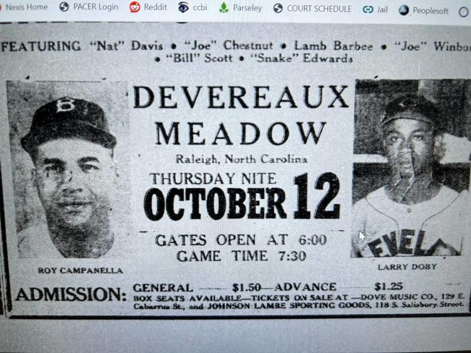 Jackie Robinson’s barnstorming all-stars played the Raleigh Tigers in Devereux Meadow in 1950, winning 16-2.