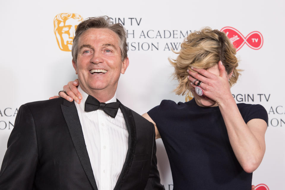 LONDON, ENGLAND - MAY 13: (L-R) Bradley Walsh and Jodie Whittaker pose in the press room at the Virgin TV British Academy Television Awards at The Royal Festival Hall on May 13, 2018 in London, England. (Photo by Jeff Spicer/Getty Images)