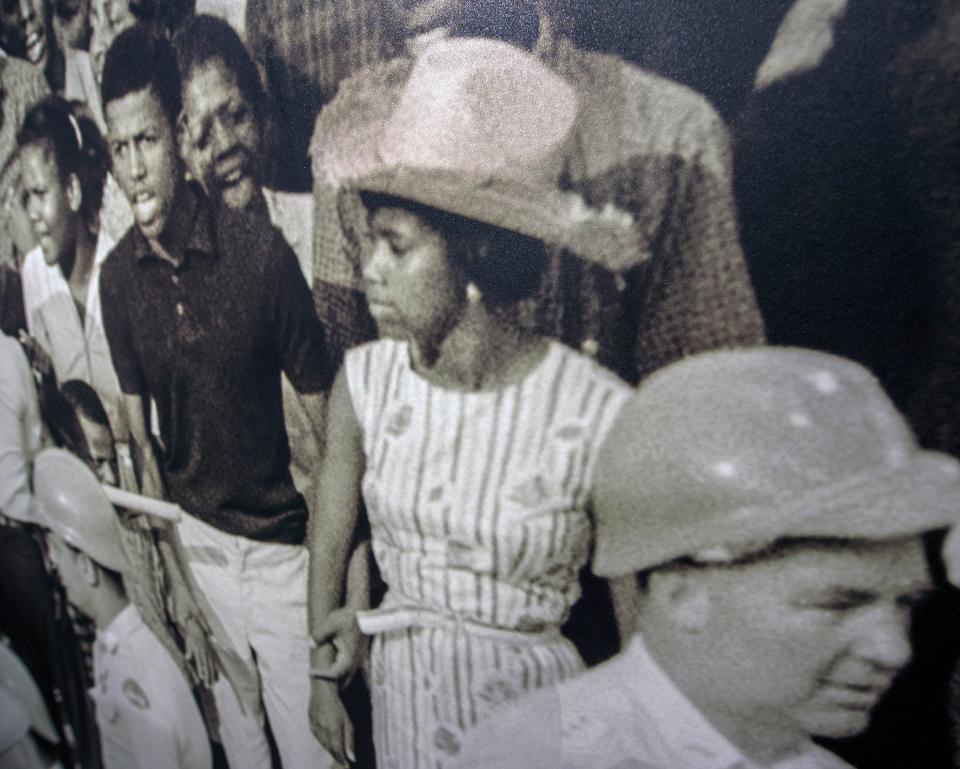 In 1963, Dorothy Pitchford, center, marched on Capitol Street in Jackson as part of the Jackson sit in protesting for the right to vote.