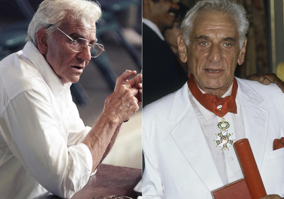 This combination of photos shows Bradley Cooper as Leonard Bernstein in a scene from the upcoming film "Maestro," left, and American conductor Leonard Bernstein after receiving his Legion of Honor medal at the Elysee in France on June 19, 1986. (Netflix via AP, left, and AP Photo)