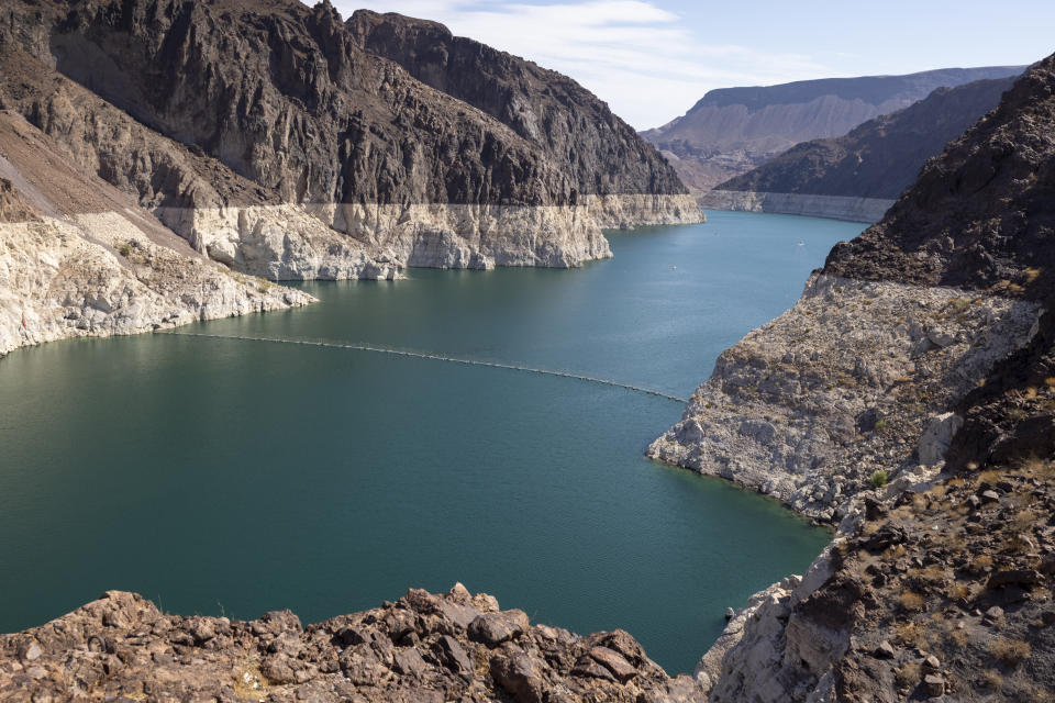 BOULDER CITY, NV - JULY 1: The white &#x00201c;bathtub ring&#x00201d; around Lake Mead shows the record low water level as drought continues to worsen on July 1 near Boulder City, Nev. (David McNew/Getty Images)