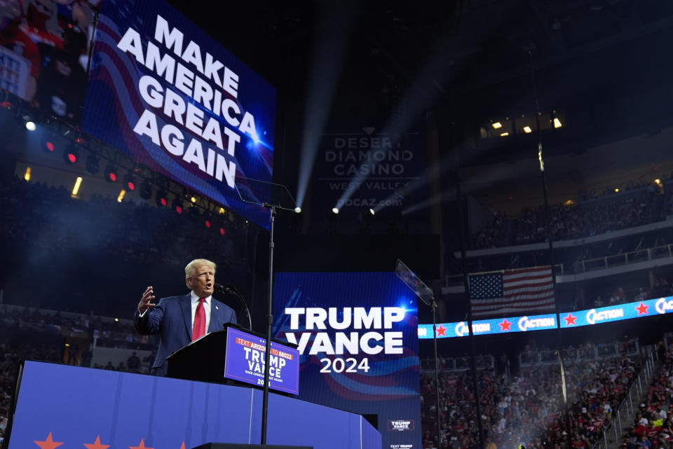 Republican presidential nominee former President Donald Trump speaks at a campaign rally at the Desert Diamond Arena, Friday, Aug. 23, 2024, in Glendale, Ariz. (AP Photo/Evan Vucci)