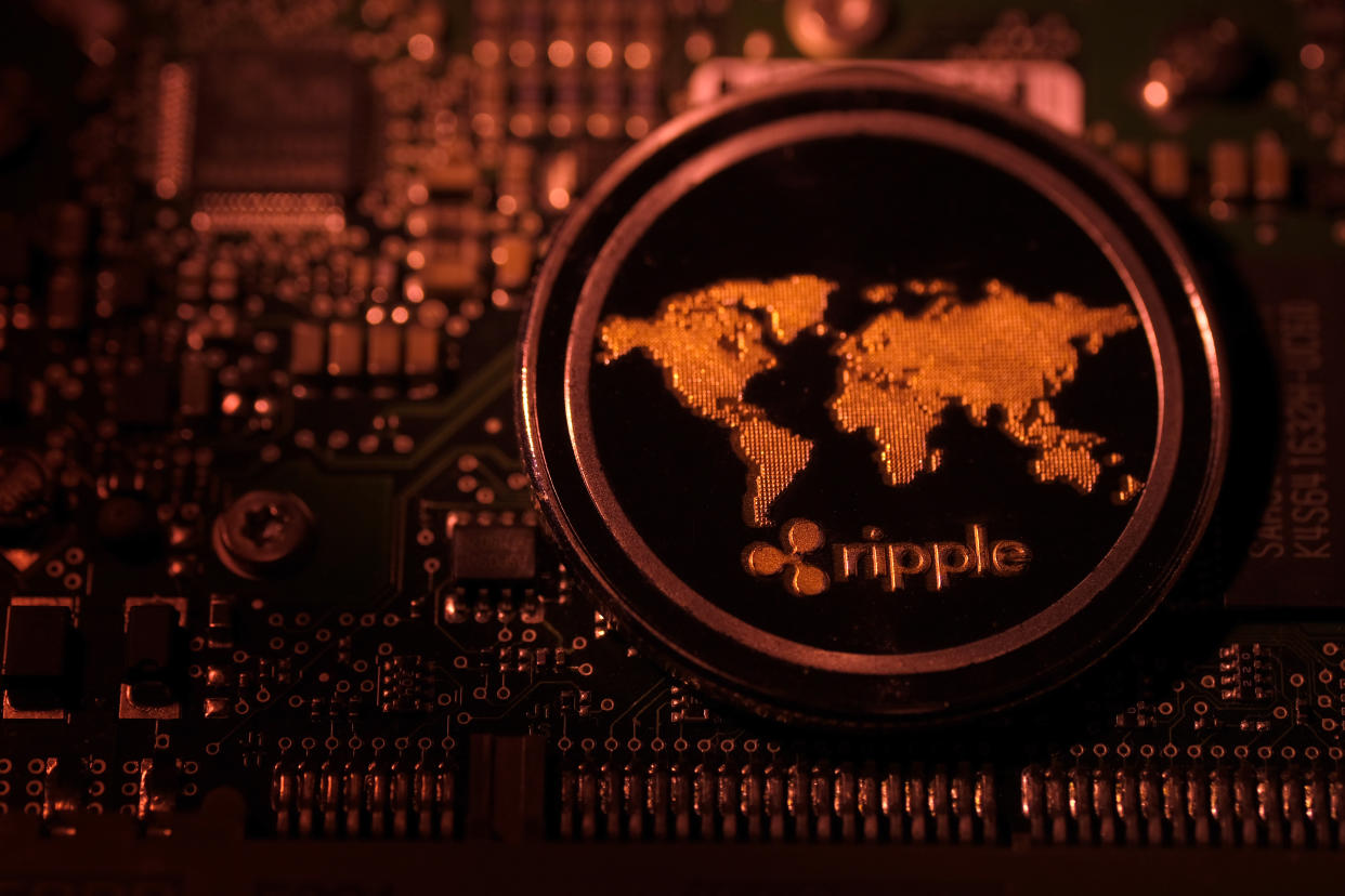 KATWIJK, NETHERLANDS - JANUARY 3: In this photo illustration, a visual representation of digital cryptocurrency Ripple (XRP) is arranged on a circuit board of a hard drive on January 3, 2021 in Katwijk, Netherlands.  (Photo by Yuriko Nakao/Getty Images)