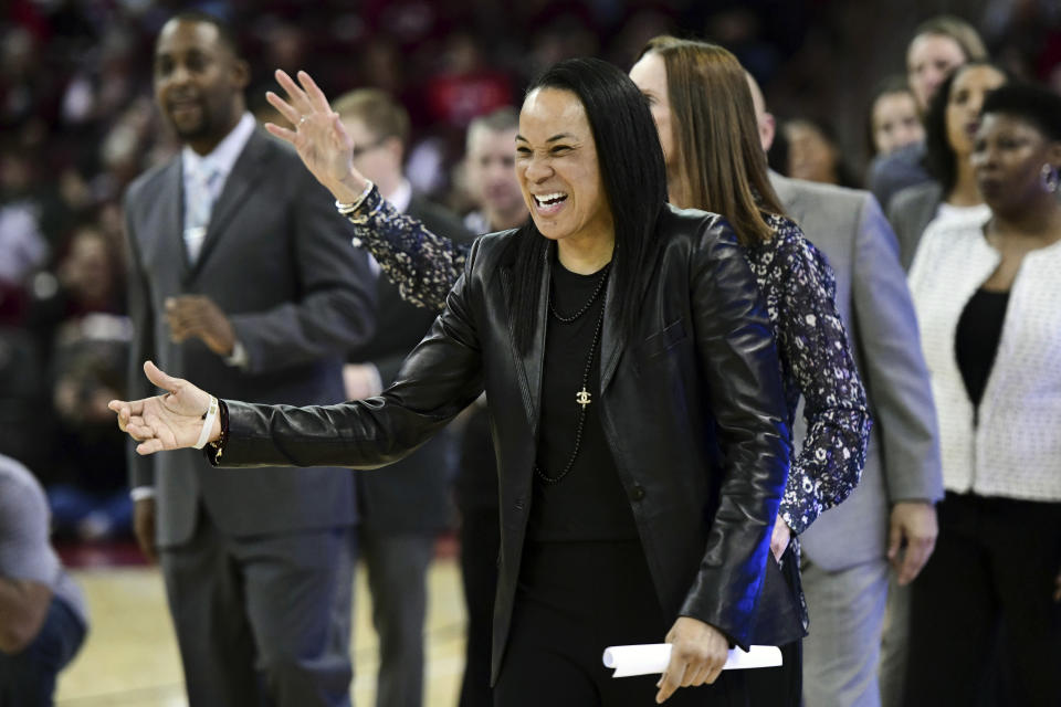 South Carolina coach Dawn Staley became the first person ever, man or woman, to win the Naismith award as both a player and a coach on Thursday.