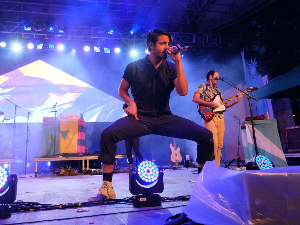 NEW YORK, NY - JULY 21:  Sameer Gadhia, Jacob Tilley, Eric Cannata, Payam Doostzadeh and Francois Comtois of Young the Giant perform onstage during OZY FEST 2018 at  Rumsey Playfield, Central Park on July 21, 2018 in New York City.  (Photo by Matthew Eisman/Getty Images for Ozy Media)