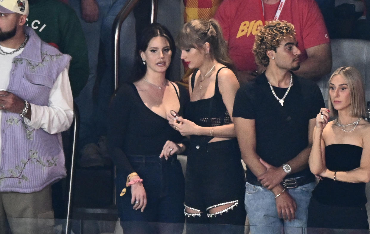 US singer-songwriters Taylor Swift and Lana Del Rey attends Super Bowl LVIII between the Kansas City Chiefs and the San Francisco 49ers at Allegiant Stadium in Las Vegas, Nevada, February 11, 2024. (Photo by Patrick T. Fallon / AFP) (Photo by PATRICK T. FALLON/AFP via Getty Images)