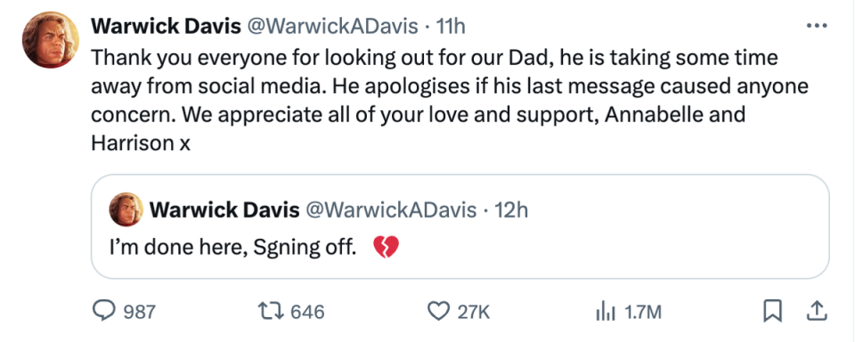 Davis’s children said actor was taking social media break (Twitter via @warwickadavis)