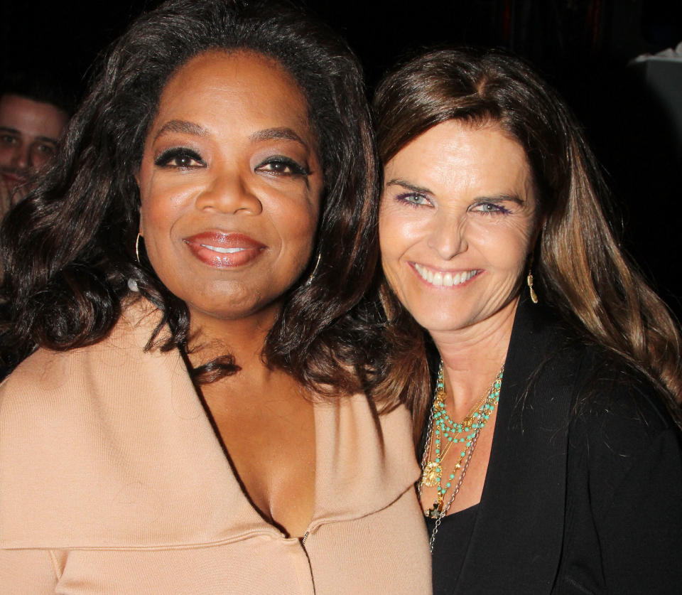 NEW YORK, NY - MAY 15:  (EXCLUSIVE COVERAGE) Oprah Winfrey and Maria Shriver pose backstage at the hit musical 
