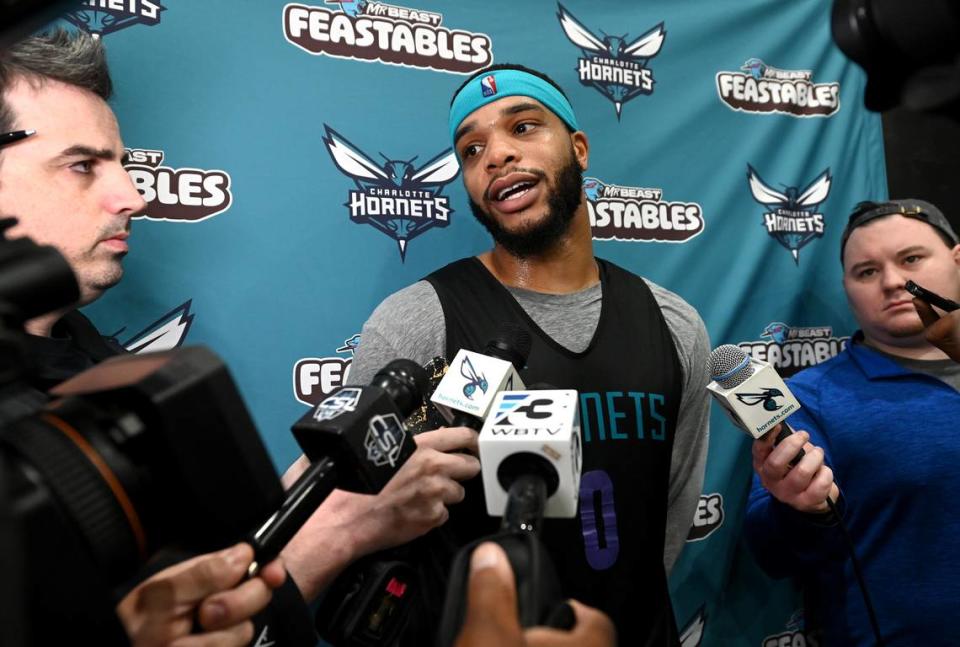 Charlotte Hornets forward Miles Bridges responds to a question from a media member following practice on Thursday, November 16, 2023. Bridges is eligible to return to the active roster after serving his NBA suspension. The Hornets face the Milwaukee Bucks on Friday, November 17, 2023.