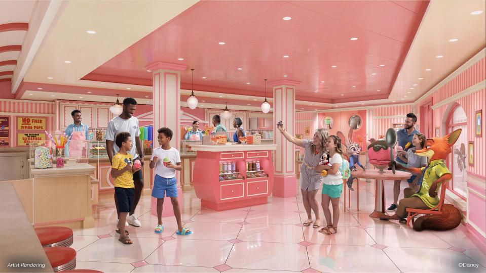 Onboard the Disney Treasure, the sweetshop, Jumbeaux’s Sweets, will be reminiscent of the popular ice cream parlor, Jumbeaux Café, from the bustling mammal metropolis featured in Disney’s “Zootopia.” Surrounded by playful pink interiors, Victorian-style architecture and an endearing sculpture of Officer Judy Hopps and Nick Wilde, guests will be served humor and heart by the cone full, along with a selection of more than 35 flavors of handmade gelato, ice cream and sorbets, specialty treats, candies and more. (Disney)