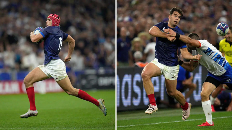 France wingers Louis Bielle-Biarrey and Damian Penaud in action against Namibia in the Rugby World Cup Credit: Alamy