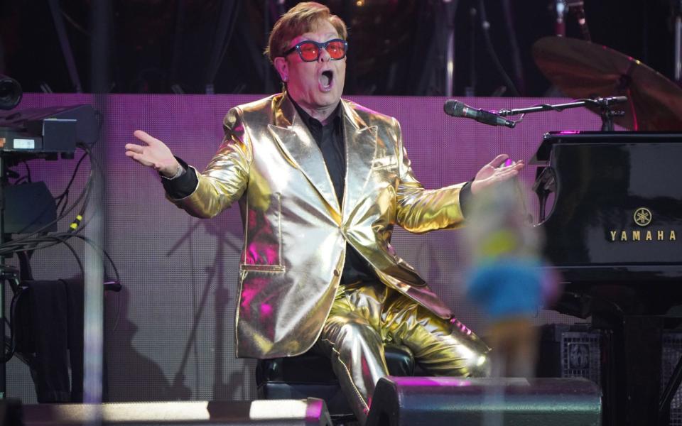 Sir Elton John performing on the Pyramid Stage at the Glastonbury Festival