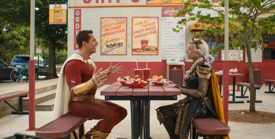 Zachary Levi as Shazam and Helen Mirren as Hespera in 'Shazam!: Fury of the Gods.'