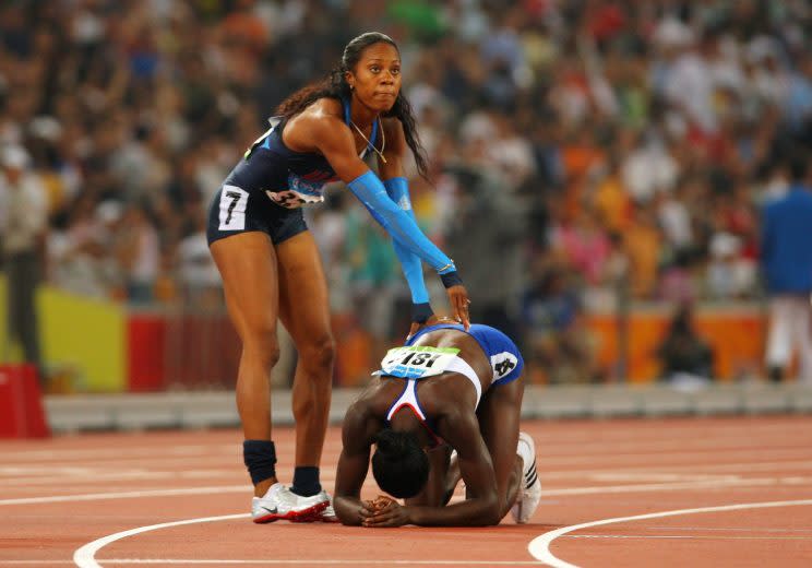 Sanya Richards congratulates Christine Ohuruogu, who won the Women's 400m Final at the 2008 Summer Olympics. (Getty)