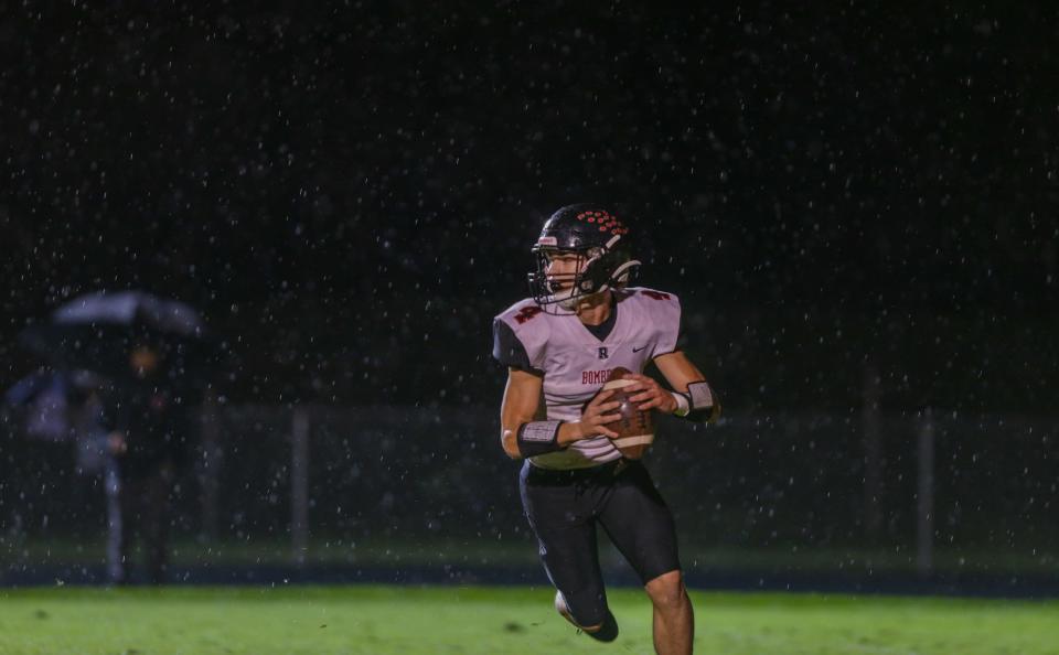 Rensselaer Central Bombers quarterback Corbin Mathew  (4) looks for a teammate down the field to a pass to during the IHSAA football game against the Lafayette Central Catholic Knights, Friday, Sept. 23, 2022, at Paul J. Larocca Field in Lafayette, Ind. Central Catholic won 42-7.