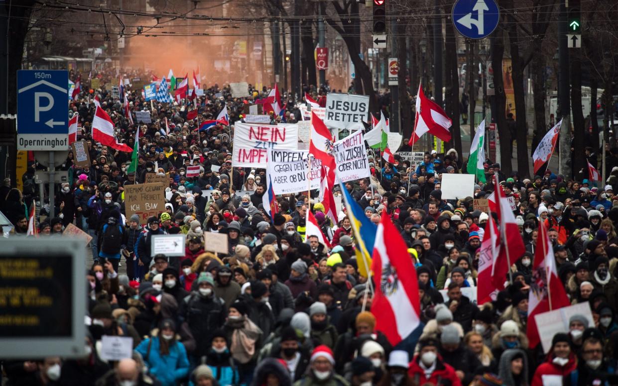 Thousands of people protest against lockdown measures in Vienna on Dec 4, 2021