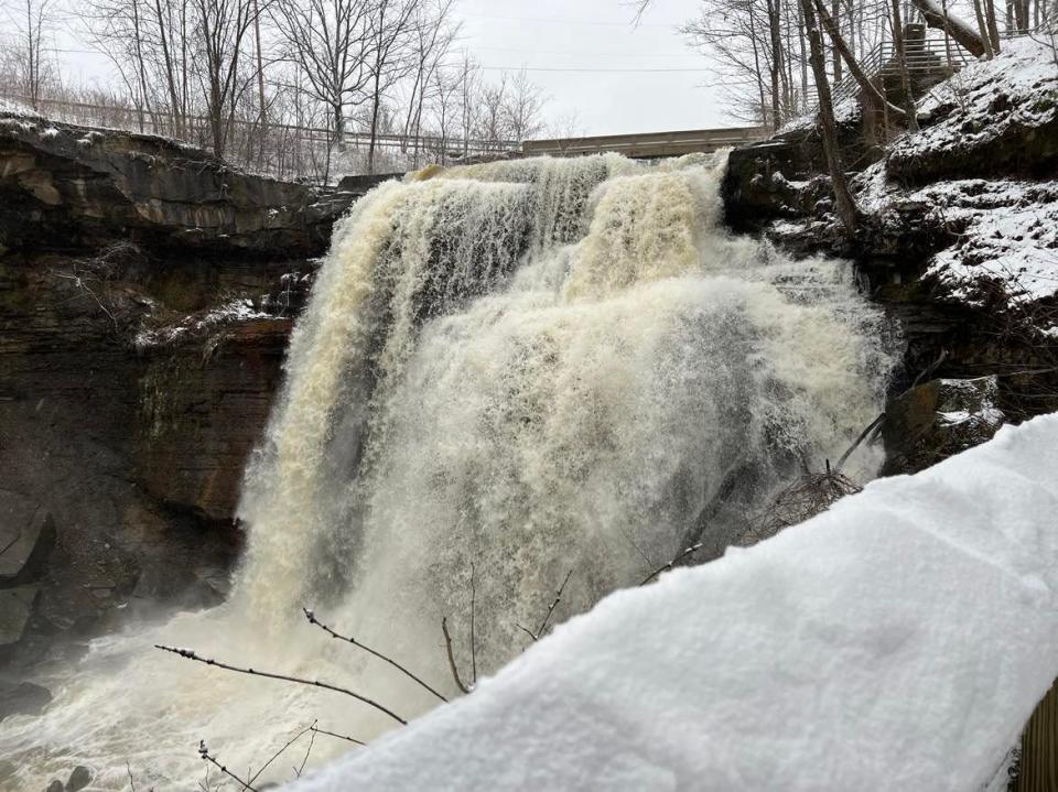 Snow adds to the scenery on winter hikes like at Brandywine Falls at Cuyahoga Valley National Park.