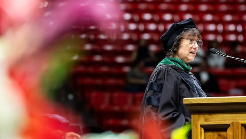 Dr. Monica M. Bertagnolli, director of the National Institutes of Health, gives the commencement address during the University of Utah's Spencer Fox Eccles School of Medicine commencement program at the Jon M. Huntsman Center in Salt Lake City on Friday, May 17, 2024.