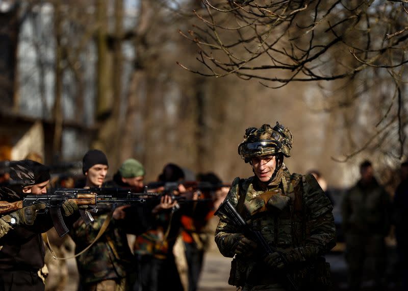 Serviceman of the 3rd Separate Assault Brigade of the Ukrainian Armed Forces with the call sign 'Denis' conducts a testing basic military course for potential recruits who aspire to join the brigade in Kyiv