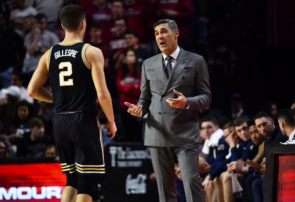 Feb 16, 2020; Philadelphia, Pennsylvania, USA; Villanova Wildcats head coach Jay Wright speaks to guard Collin Gillespie (2) in the first half during the game against the Temple Owls at Liacouras Center. Mandatory Credit: Kyle Ross-USA TODAY Sports