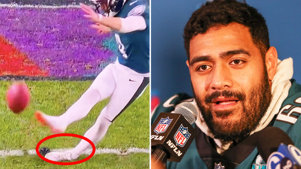 Philadelphia's kicker slips during the Super Bowl on the left, with Jordan Mailata pictured in a press conference on the right.