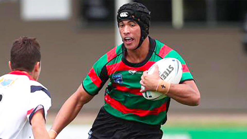 Pictured here, Joseph Suaalii in action for the South Sydney Rabbitohs juniors.