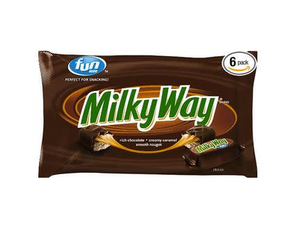 This chocolate sweet also has <a href="http://www.milkywaybar.com/facts_faq.shtml#question03">15 ingredients</a>: Sugar, cocoa butter, skim milk, chocolate, lactose, milk fat, soy lecithin, artificial flavor, corn syrup, hydrogenated palm kernel oil and/or palm oil, cocoa powder processed with alkali, malted barley, salt, egg whites