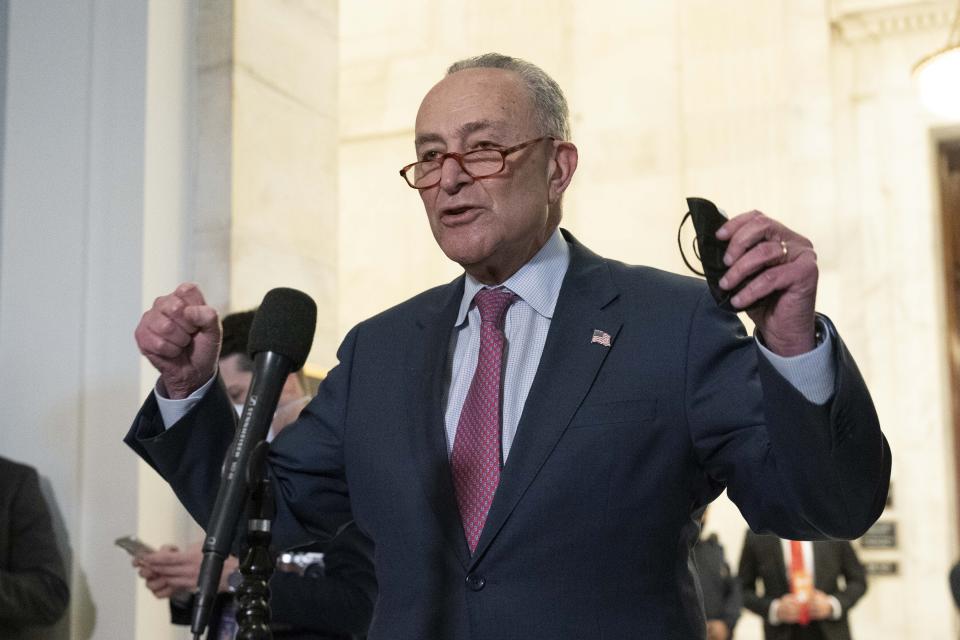 FILE - Senate Majority Leader Chuck Schumer, D-NY, speaks to the media after Senate Democrats met privately with President Joe Biden, Jan. 13, 2022, on Capitol Hill in Washington. ( AP Photo/Jose Luis Magana, File)