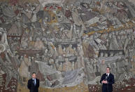 Serbian President Aleksandar Vucic, right, speaks during a news conference after talks with Chinese Foreign Minister Wang Yi at the Serbia Palace in Belgrade, Serbia, Thursday, Oct. 28, 2021. Wang Yi is on a two-day official visit to Serbia. (AP Photo/Darko Vojinovic)