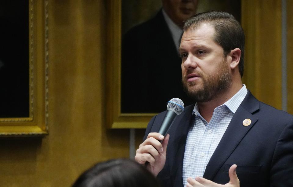 Arizona State Senator Jake Hoffman speak in Phoenix on May 1, 2024, in the Senate Chambers.