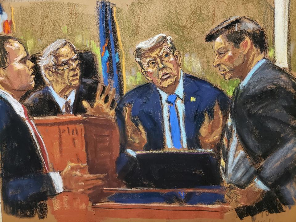 Former President Donald Trump is questioned by Kevin Wallace of the New York Attorney General’s Office as defence lawyer Christopher Kise objects, during the Trump Organization civil fraud trial before Judge Arthur Engoron (REUTERS)